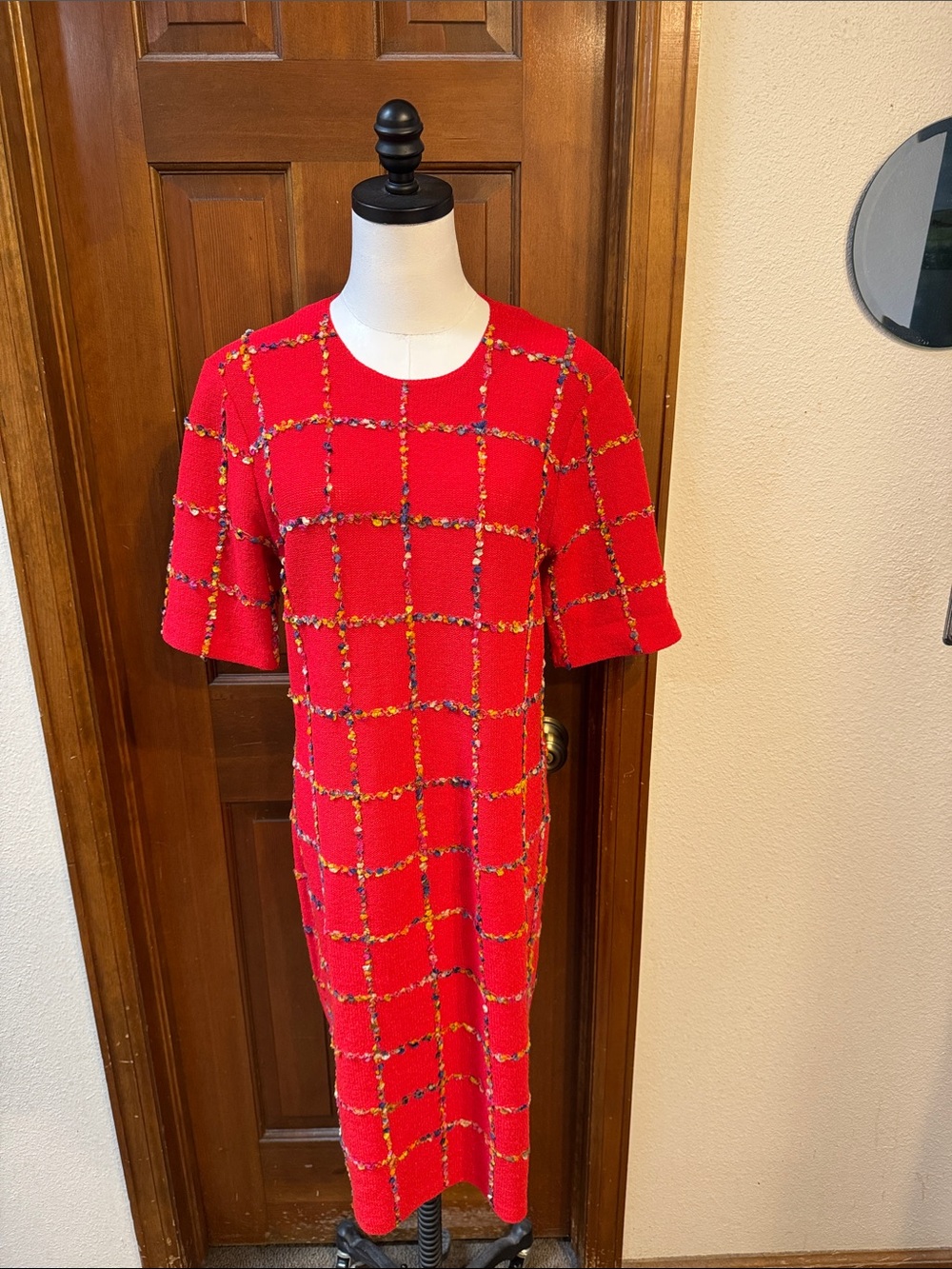 Vintage Steve Fabrikant for Neiman Marcus Red Windowpane Knit Shift Dress Size M - Picture 4 of 8